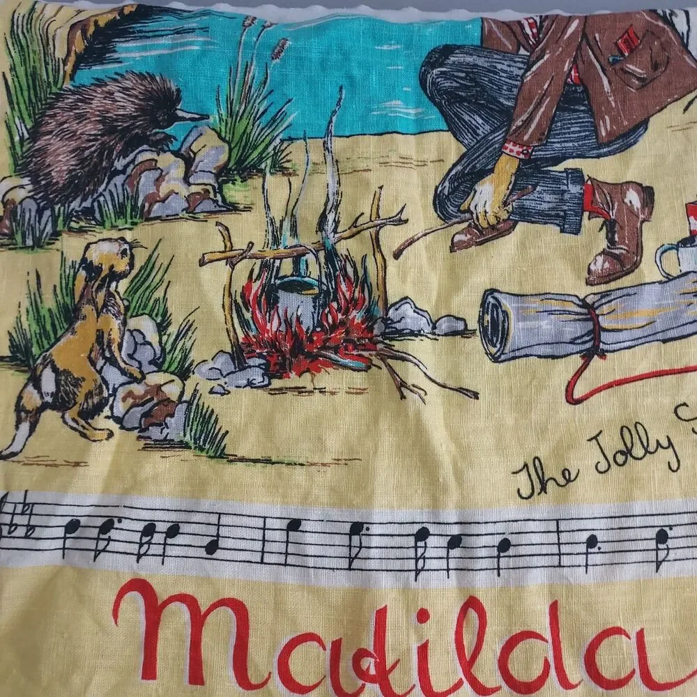 Vintage Linen Tea Towel Farmhouse Waltzing Matilda Kitchen Rag Australia Animals